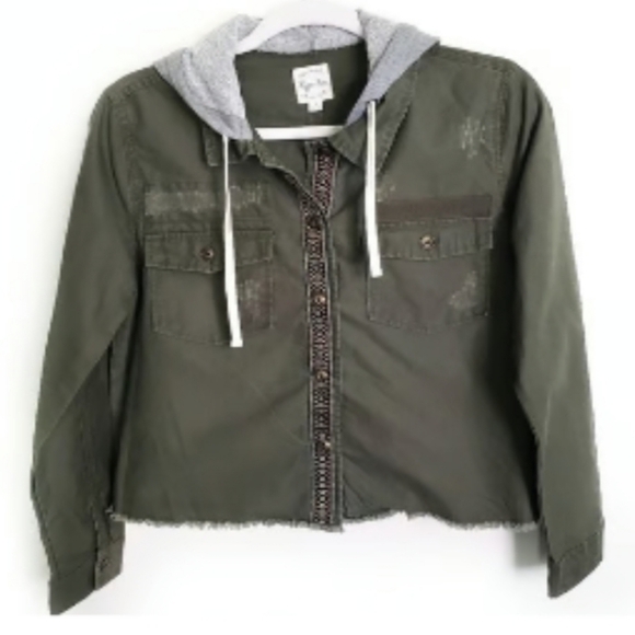 Hippie Rose Olive Hoodie Distressed Boho Jacket Size Medium - Picture 2 of 10